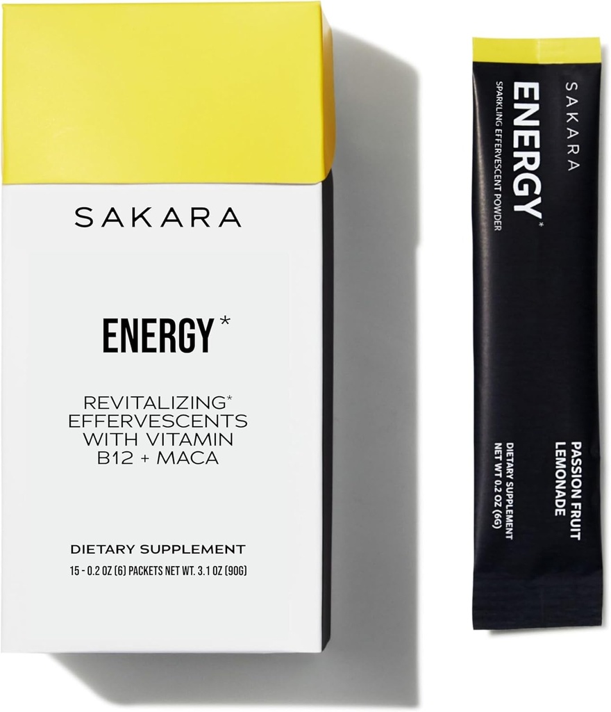 SAKARA Energie Bruisstoffen, 15 Pakjes - Geraffineerde Suikervrije Elektrolyten Poeder Pakjes met Vitamine B12 & L Theanine, Gearomatiseerd Water Verpakkingen, Hydratatie Poeder, Energie Drink Elektrolyt Poeder