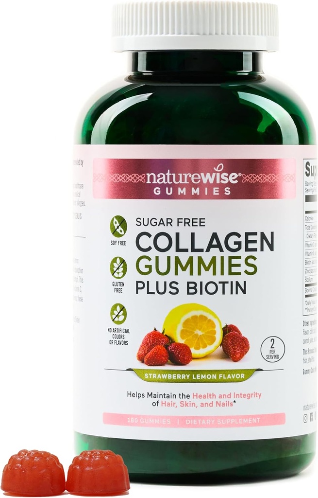 NatureWise Collageen Gummies - Sugar-Free Hydrolyzed Collagen Gummies - Type 1 & 3 Peptoden for Women + Biotin, Vitamin C, E, & Zink for Hair Skin and Nails Support - 180 Count[3-Maande Supply]