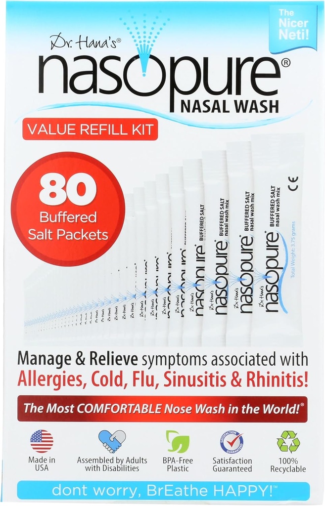 Nasopure Nasal Wash, Value Refill Kit, De Nicer Neti Pot. Sinus Wash Kit, Comfortabele Nasal Rinse 80 Zout Pakjes (3,75 Gram Elk), Nasale Congestie, Koud, Griep, Allergie, Neus Irrigatie Systeem