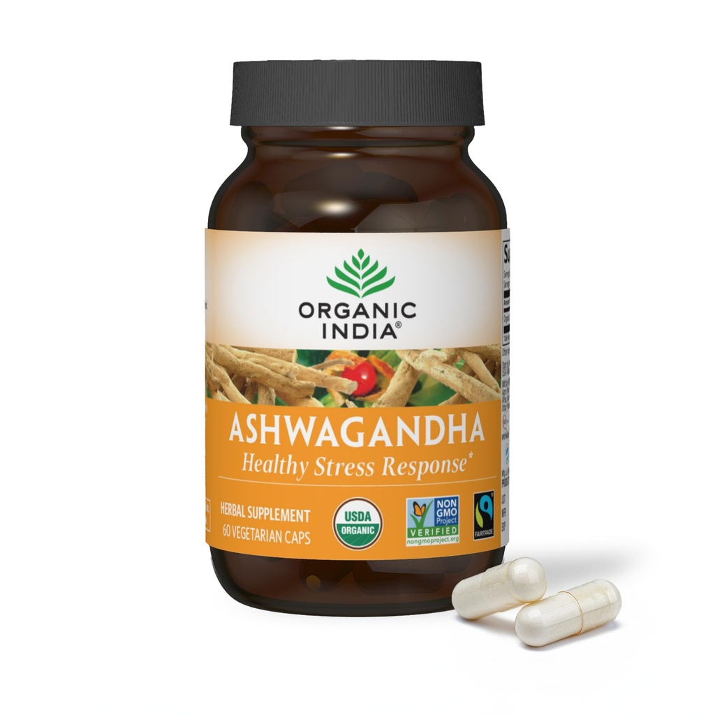 ORGANISCHE INDIA Ashwagandha Capsules - Organic Ashwagandha Supplement - Vegan Ashwagandha Root, Glutenvrij, Kosher, Non-GMO, ondersteunt Stress Relief, Energie en Slaap - 60 Capsules