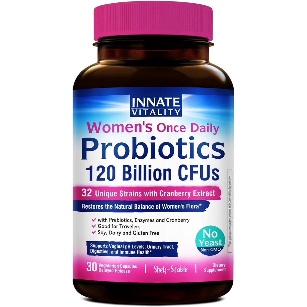 Aangeboren vitaliteit Vrouwenprobiotica, 120 miljard CFU, 32 Tested Strains, Probiotica voor vrouwen, Gistcontrole, Vaginale pH-ondersteuning, Prebiotica, Digestieve Enzymen, Cranberry, Eenmaal daags 30 Veggie Capsules