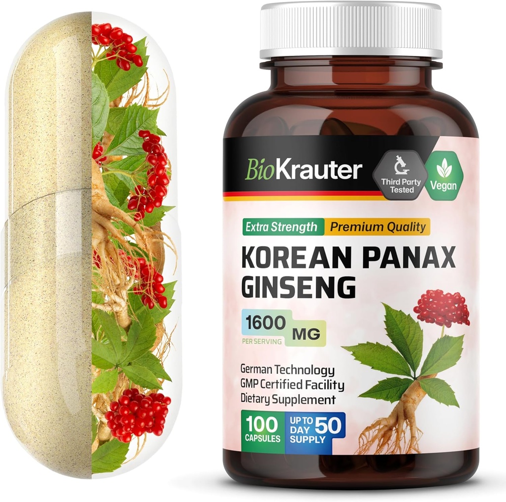 BIO KRAUTER Koreaanse Rode Ginseng Capsules - 1600 mg Sterkte - 100 Telling - Koreaanse Panax Ginseng Supplement - Veganistische Immune Supplement