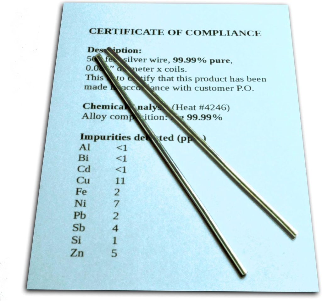 Colloïdale Silver Generator Draad Gegarandeerd 99,99% Pure - Set van (2) 4" Electrode Rods 12-Gauge (0,08 in. / 2,06 mm) met Certificaat van overeenstemming / Complete Chemische Analyse van Legering Samenstelling