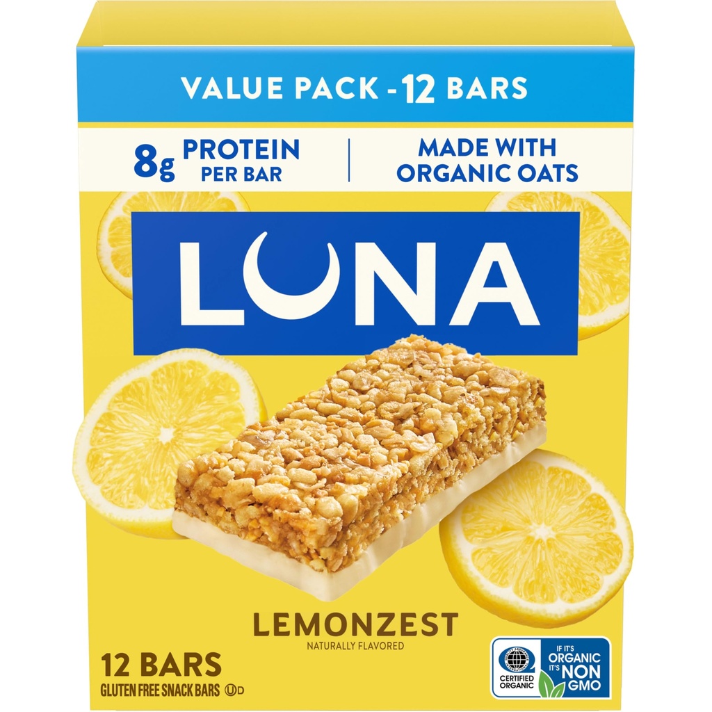 Barre LUNA - LemonZest Flavor - Barres de Snack sans gluten - Non-OGM - Barres protéinées - Fabriquées avec de l'avoine biologique - Pack de valeur (12 Pack)