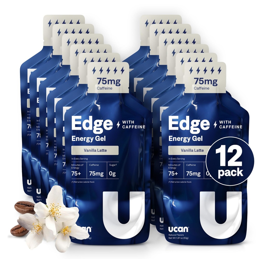 UCAN Edge Energy Gel Shots, Vanilla Latte + Cafeïne (12, 2 Ounce Packets) voor hardlopen, Training, Workouts, Fitness, Fitness, Crossfit, Sugar-Free, Vegan, & Keto Friendly Energy