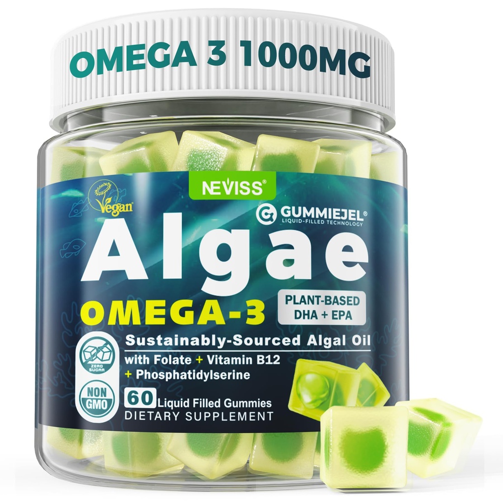 Vegan Omega-3 Gummies for Adults, Fish Oil Alternative from Algen Oil, Plant Based DHA 460mg & EPA 230mg Plus Methylfolaat, Vitamine B12, Fosfatidylserine, No Fishy Taste, Vegan, Sugar Free, 60 Ct