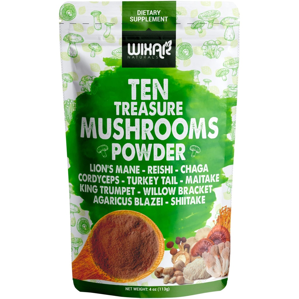 Wixar Poudre de Champignon - Dix Trésor Mélange de Supplément de Champignons pour Café & Smoothies - Lions Mane, Turquie Tail, Reishi, Chaga, Shiitake, Cordyceps, Complexe - Supplément de Champignon 4oz