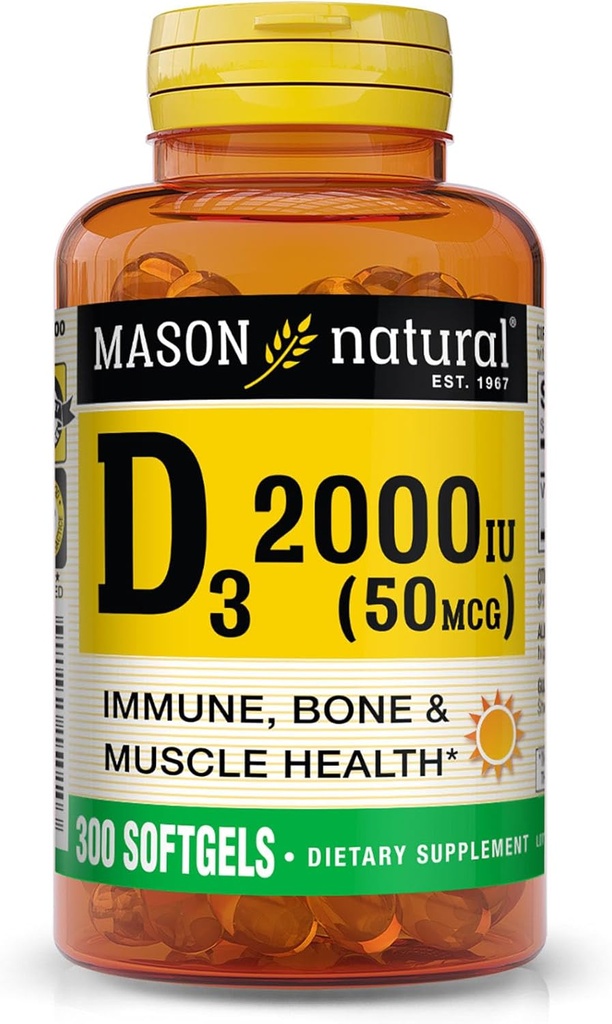MASON NATUURLIJKE Vitamine D3 2.000 IE Ultra sterkte, ondersteunt botdichtheid, sterkte & Immune Health, 300 Softgels