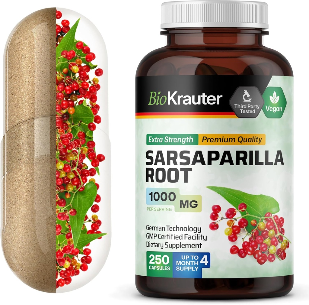 BIO KRAUTER Sarsaparilla Root Capsules - 1000 mg Sterkte - 250 Vegan Sarsaparilla Extract Caps - Geen Fillers