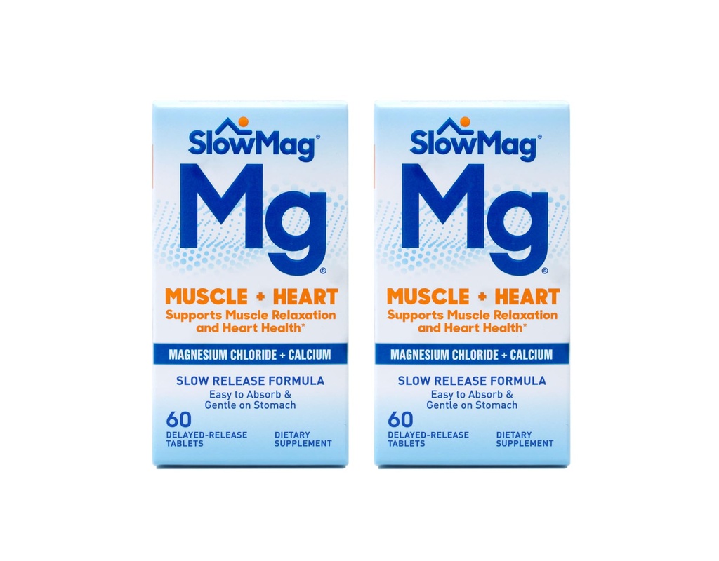 SlowMag MG Muscle + Heart Magnesium Chloride with Calcium Tablets 60 Count (Pack of 2)