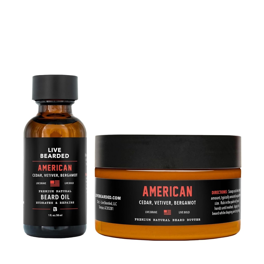 Live Bearded Beard Oil and Butter Grooming Kit - Made in the USA - All-Natural Ingredients with Shea, Argan, Jojoba - Growth Support - Cedar, Vetiver, Bergamot