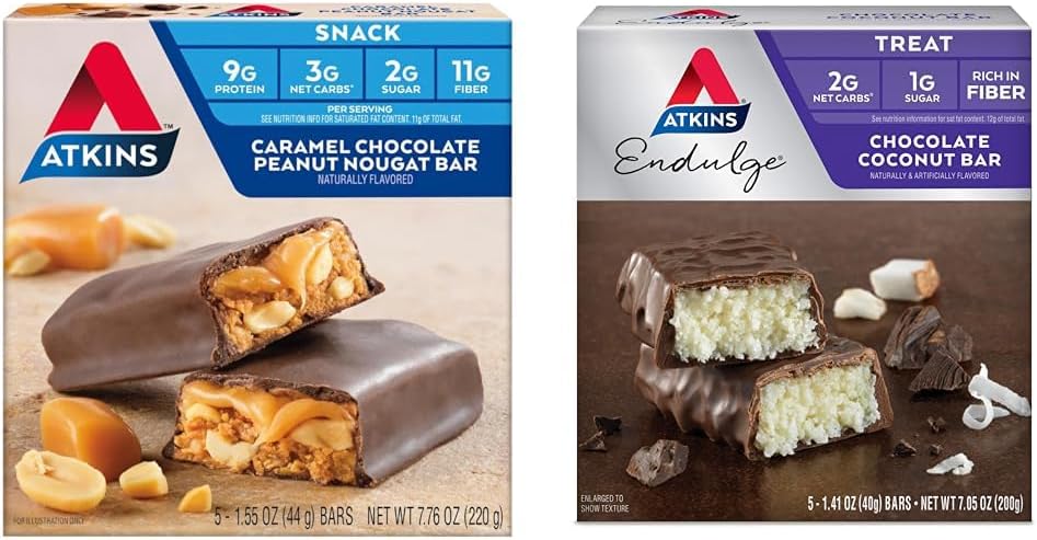 Atkins Caramel Chocolate Peanut Nougat Snack Bar, 5 Count en Chocolate Coconut Bar, 5 Count Bundle