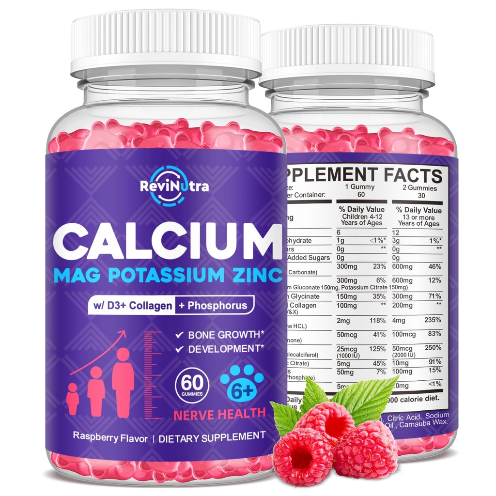 Calciumkalium Magnesium Gummies voor kinderen & volwassenen, met gehydrolyseerde collageen, zink, fosfor, multivitamine voor slaap, botsterkte, dichtheid ondersteuning, suikervrij, Framboos 60 Gummies
