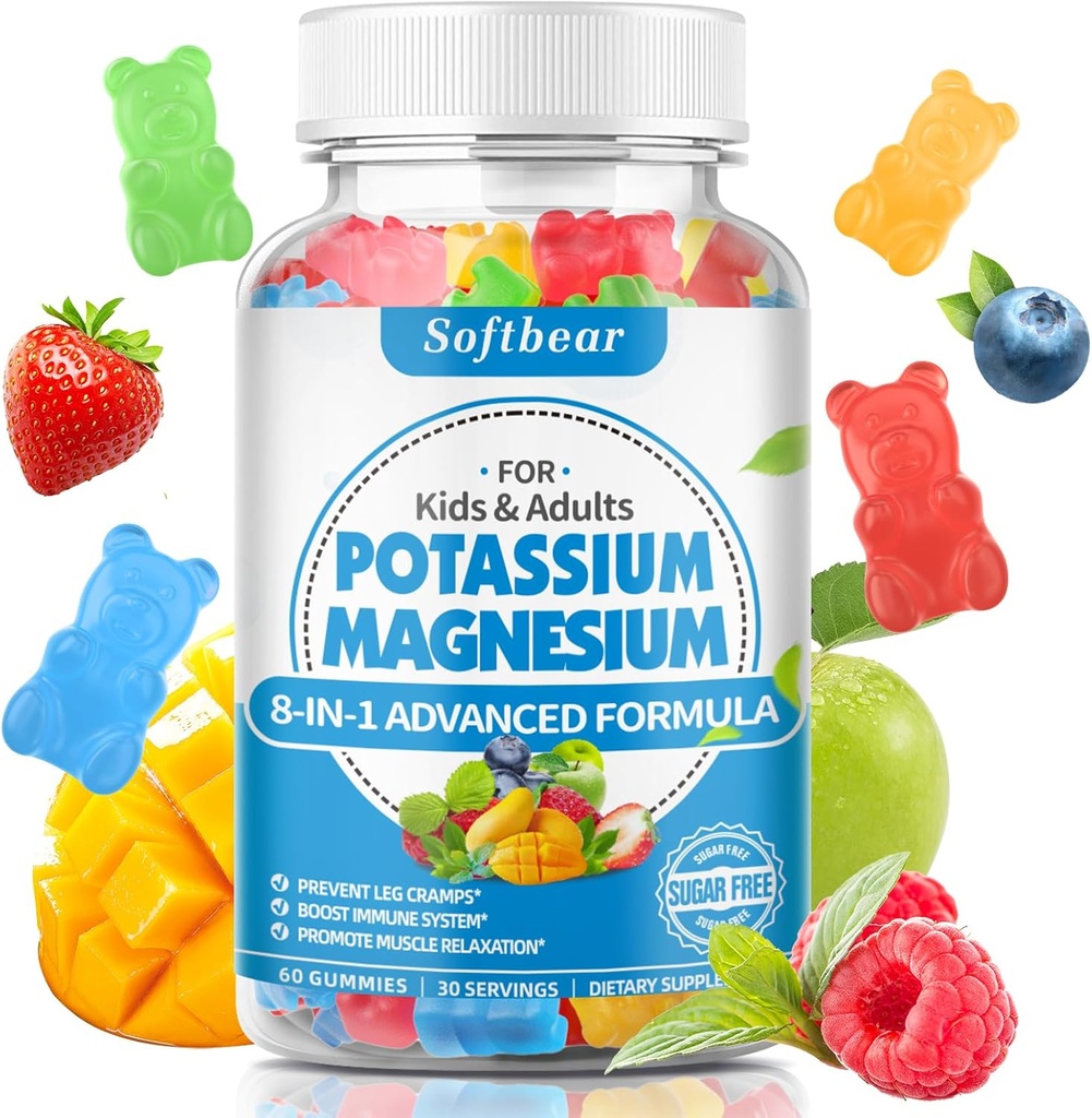 softbear Kalium Gummies voor volwassenen, Hoge Absorptie Kalium Magnesium Supplement met Vitamine B6 CoQ10 voor Leg Cramps & Muscle Health Sugar-Free Vegan Mixed Fruit Smaak 60 Gummies