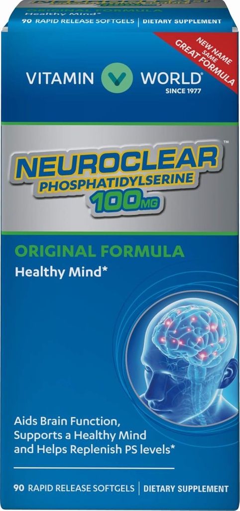 Vitamine World NeuroClearTM Phosphatidylsérine 100 mg. 90 Softgels, niveaux PS, soutien du cerveau, concentration mentale, libération rapide, sans gluten