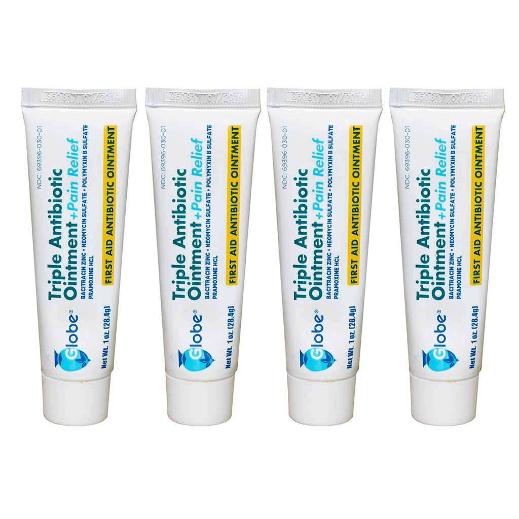 Globe (4 Pack Triple Antibiotica + pijnverlossing Zalf 1oz, eerste hulp Antibiotica, kalmeert pijn, snijwonden, brandwonden en scrapes 24 uur infectie bescherming