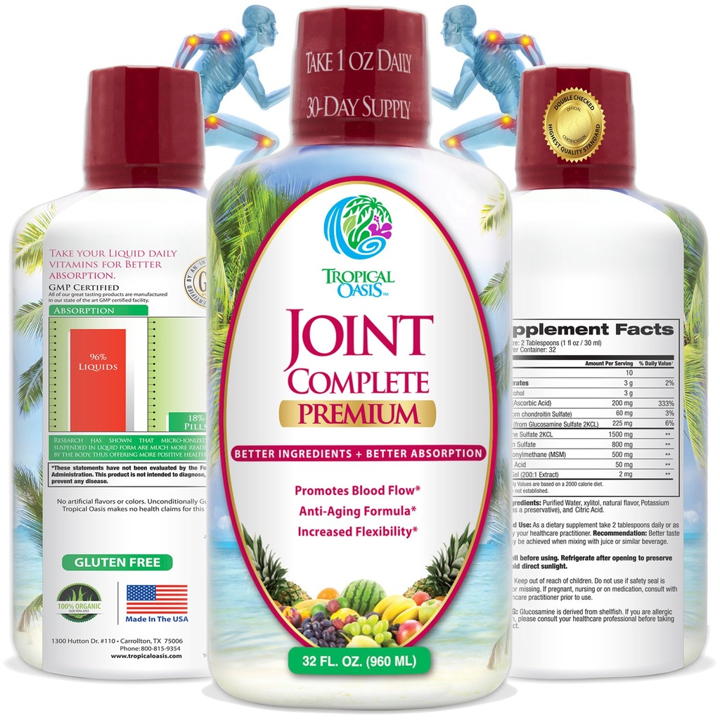 Tropical Oasis Joint Complete Premium - Liquid Joint Supplement with Liquid Glucosamine Sulfate, Chondroitin, MSM & Hyaluronic Acid - 96% Max Absolution