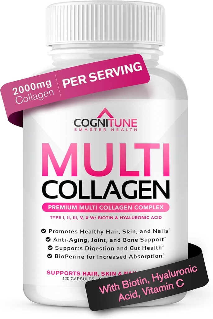 Multi Collageen voor vrouwen met hyaluronzuur, vitamine C en biotine, collageen eiwitsupplement met type I, II, III, V, X Peptiden voor gezond haar, huid, nagels en gewrichten, 120 capsules