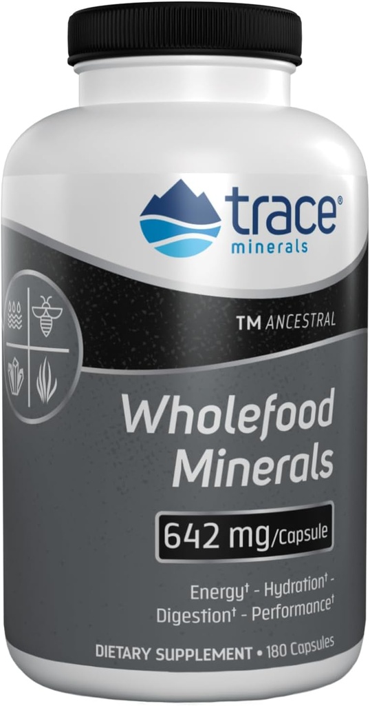 Trace Minerals Wholefood Minerals - Body & Brain Health Support Supplement - Food Health Supplement with Wildflower Bee Pollen & Atlantic Kelp - Aids Nerve Function & Digestief Health - 180 Capsules