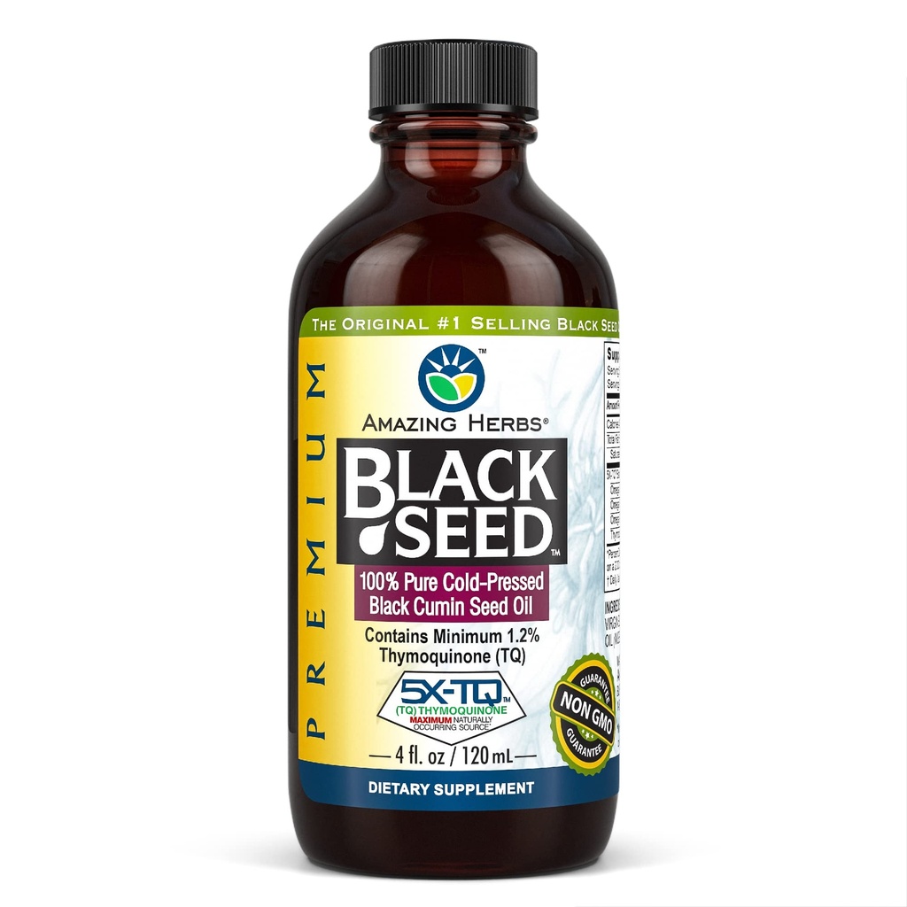 Amazing Herbs Huile de Graine Noire Premium - Sans gluten, sans OGM, Nigella pressée à froid Sativa aide à la santé digestive, le soutien immunitaire, la fonction cérébrale - 4 Fl Oz