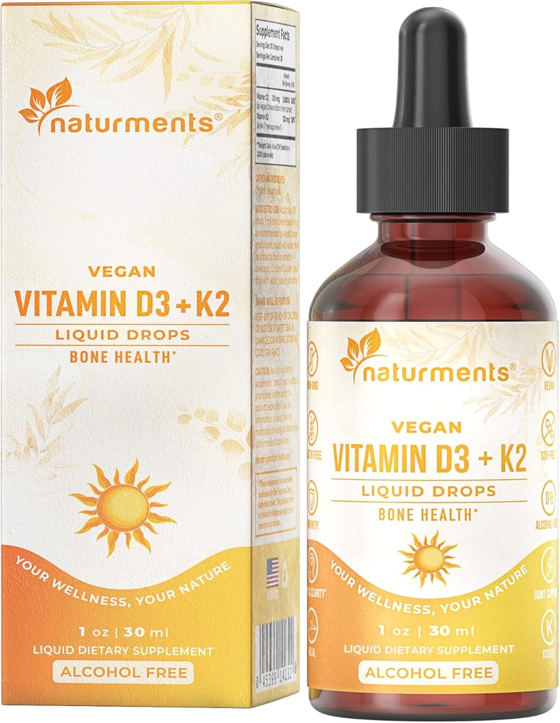 Naturments Vitamine D3 met K2 Liquid Drops (als Lichen) +K2 Complex: voor Bone en Heart Health Formule Immune Support en Energie - Snellere Absorptie Non-GMO, Vegan Alcohol-Free, Sugar-Free 1 Fl Oz