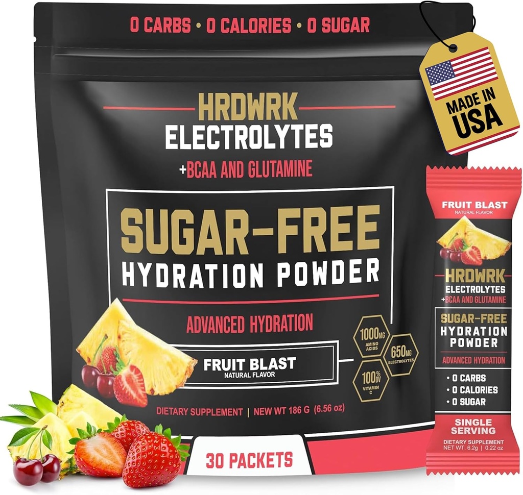 HRDWRK Elektrolyten Poederverpakkingen met Magnesium, Kalium Natrium, Keto Hydration - BCAA Electrolyte Powder Packets with Glutamine, 30 Electrolytes Powder Packets Sugar Free (Fruit Blast)