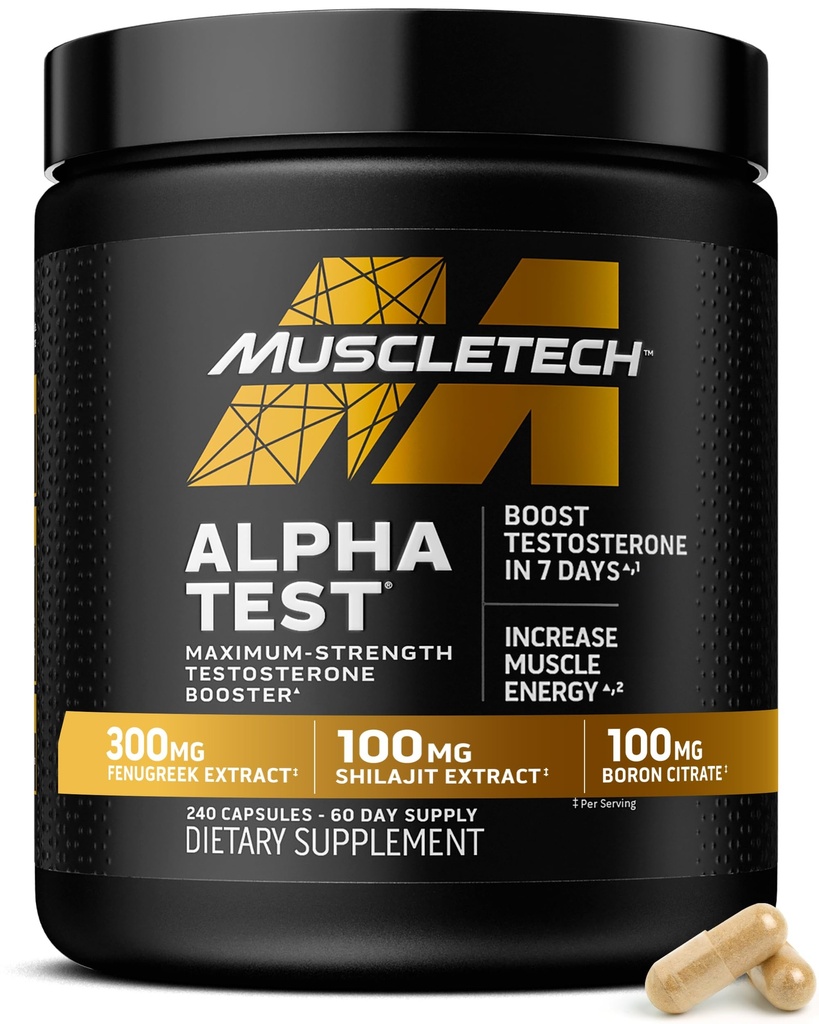 Booster de testostérone MuscleTech pour les hommes, AlphaTest - Supplément homme T-Boost avec Tribulus Terrestris & Boron - Suppléments de gymnastique pour la croissance musculaire, l'endurance et l'énergie - 240 pilules