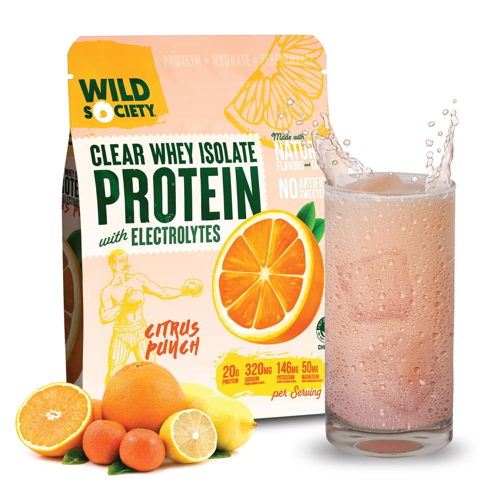 WILDE MAATSCHAPPIJ - Clear Wei Proteïne + Elektrolyten - Refreshing Wei Proteïne Isolaat Poeder - 20g Proteïne, 0 Toegevoegd Suiker, GGO-vrije, natuurlijke smaken & kleuren - Citrus Punch, 16 oz