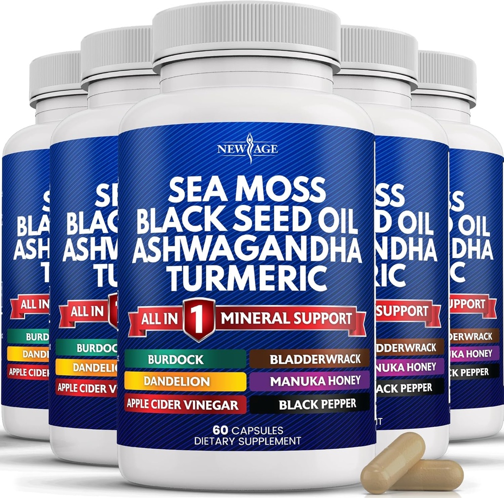 NIEUWE AGE Sea Moss Black Seed Oil Ashwagandha Kurkuma Bladderwrak Burdock - met Manuka, Honey Dandelion, ACV Black Pepper Glutenvrij