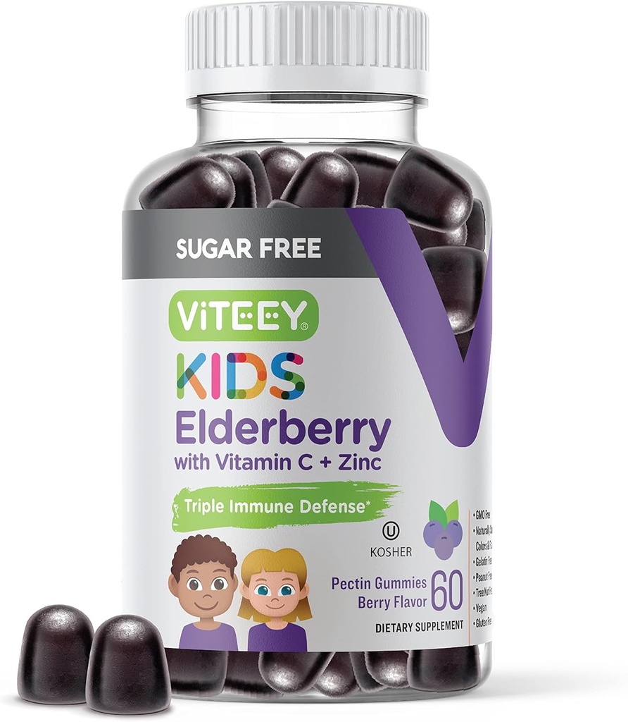 Viteey Sambucus Gommies de mûre aînée pour les enfants - Sans sucre - Suppléments de soutien immunitaire avec vitamine C et zinc, [3-1 Immune Booster] Vegan, Sans gélatine, Sans gluten - Saveur de baies croustillantes savoureux