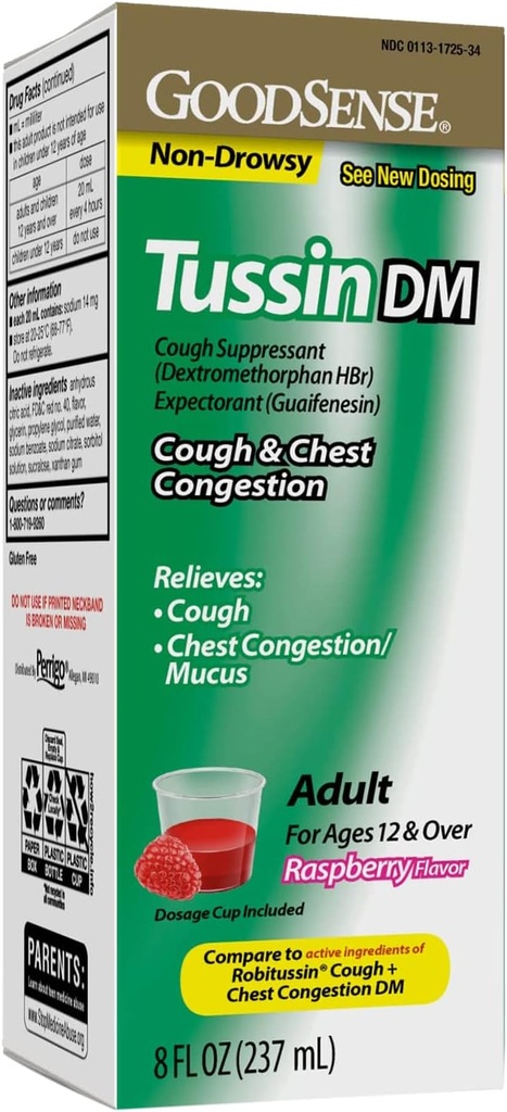 GoodSense Tussin Cough Sirop DM, Arôme de framboise, soulagement efficace de la congestion de la toux et de la poitrine, mucus mince, 8 Fl Oz