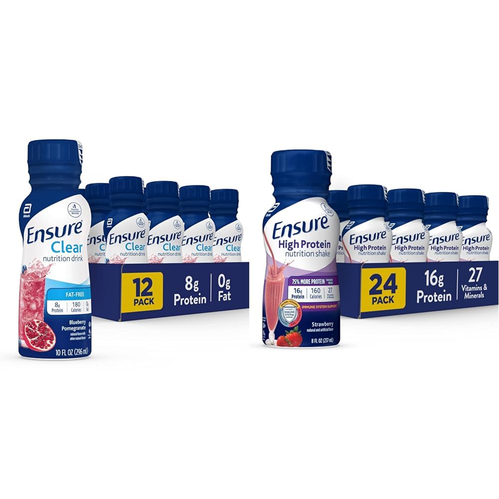 Zorg ervoor dat Liquid Clear Nutrition Drink, 0g vet, 8g eiwit, Blueberry Granaatappel, 10 Fl Oz (verpakking van 12), Fles, glutenvrij en Zorg voor hoge proteïne aardbei voeding Shake, 24 Pack
