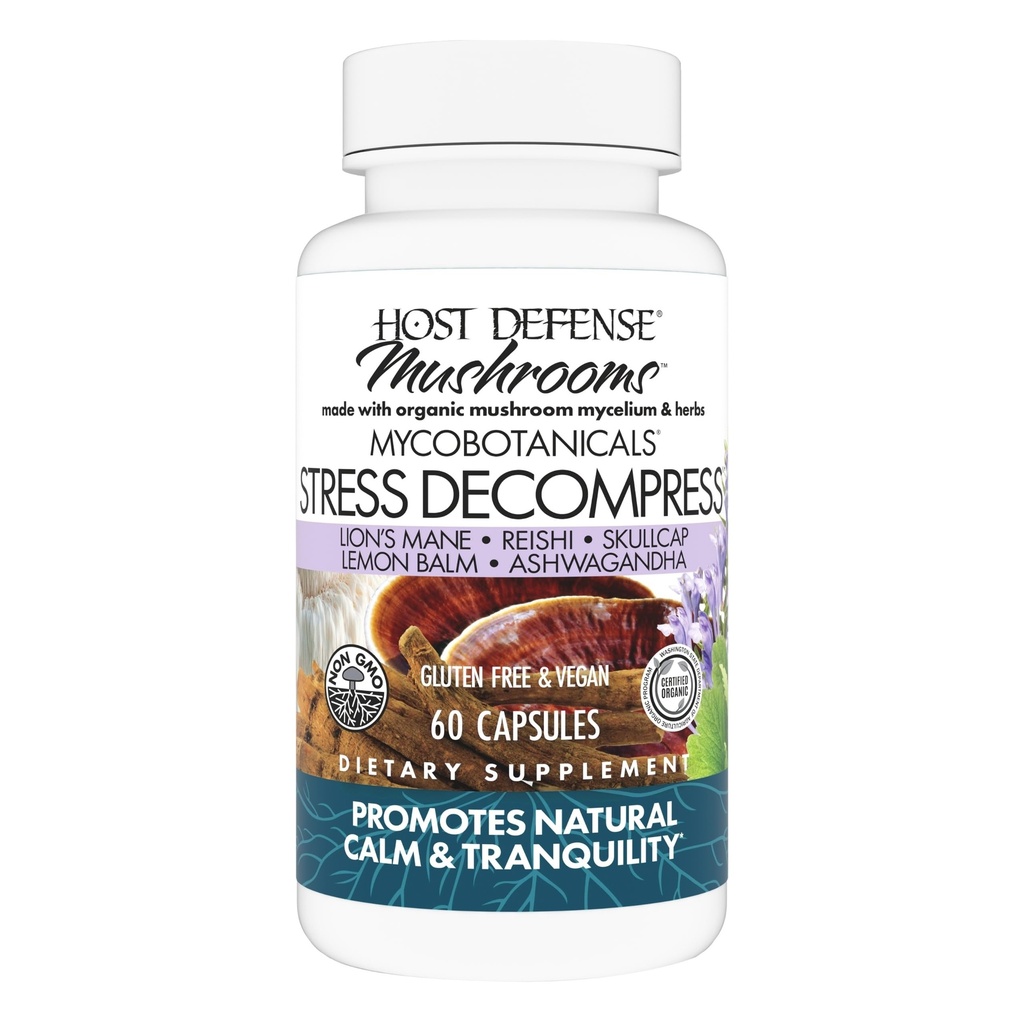 Host Defense MycoBotanicals Stress Decompress* Capsules - Mushroom Supplement with Lemon Balm & Ashwagandha Root - with Reishi, Lion's Man & Skullcap - 60 Capsules (30 Servings)