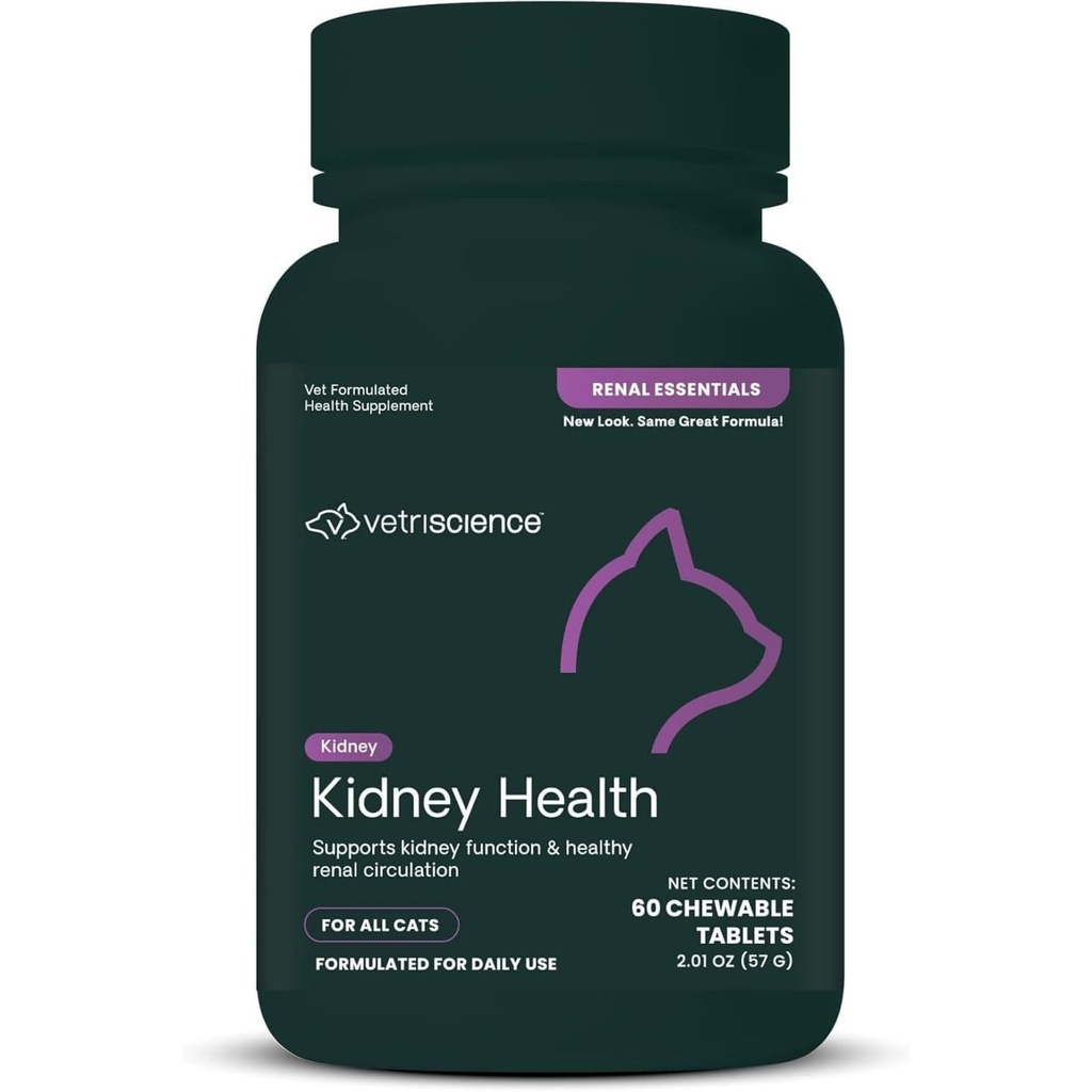 VetriScience Niergezondheid Kauwtabletten, Renale Essentials Supplement voor Katten, Nierzorg en Ondersteuning met Paddestoel, Astragalus Root, Brandnetelzaad en Kruiden, Kip en Vis, 60 Tellen