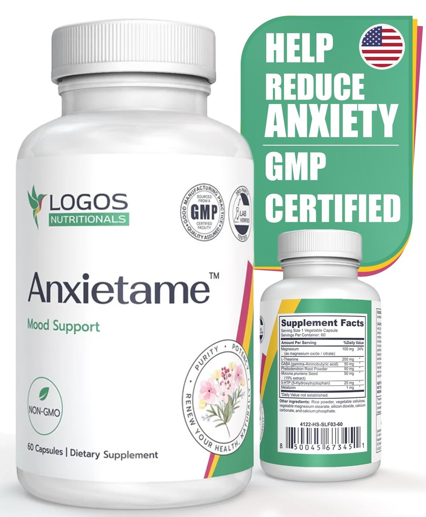 Anxietame - 60 Comte, supplément L-Theanine pour soutenir la dépression et le stress, le soutien naturel de l'humeur et l'aide au sommeil