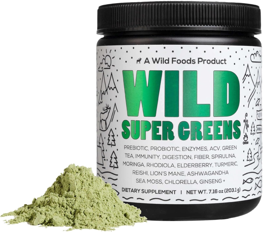 Wild Foods Raw Super Greens Powder Daily Juice Drink met Probiotica en Digestieve Enzyme Blend - Whole Food Sourced, 46 Plant-Based Nutrients, Non-GMO, Spirulina, Chlorella, Tarwegras (30 Servers)