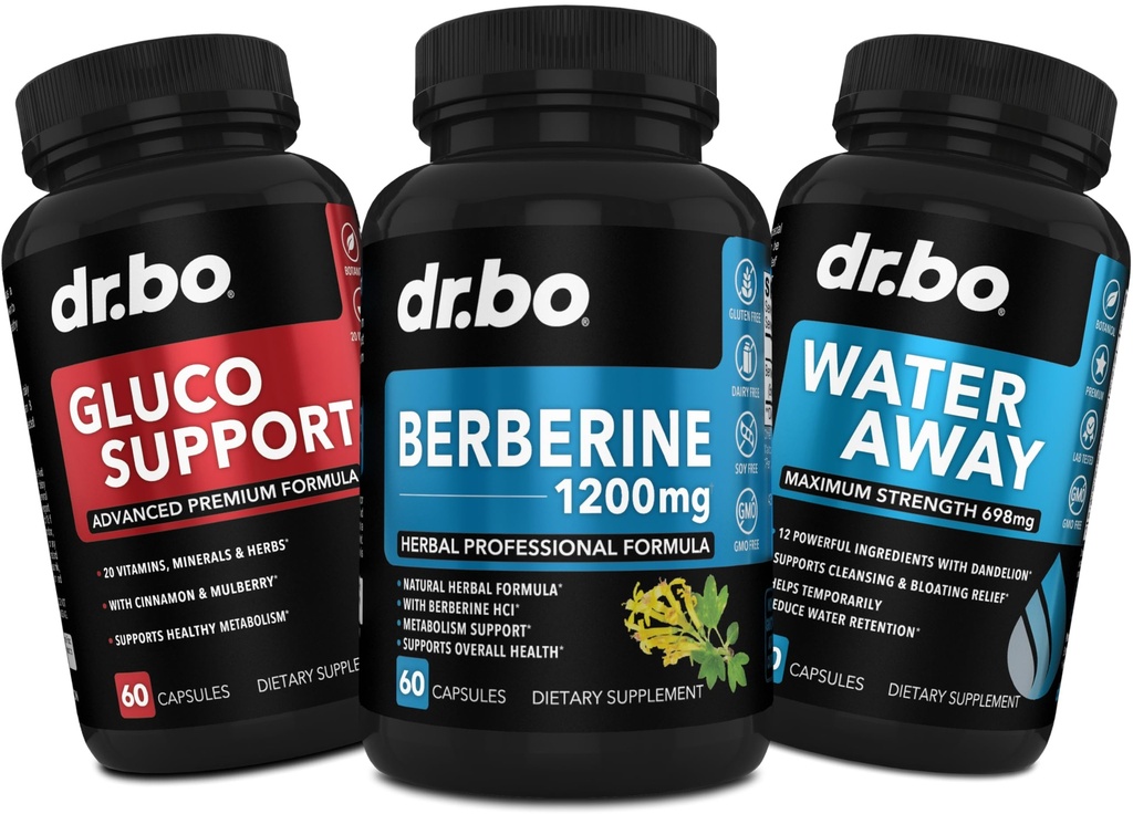DR. BO Berberine Supplement Metabolisme Support & Water Pillen - 1200mg Berberine HCL Supplement voor gezonde Metabole Ondersteuning - Premium HCL 600mg per capsule en water pillen Diuretica Retention