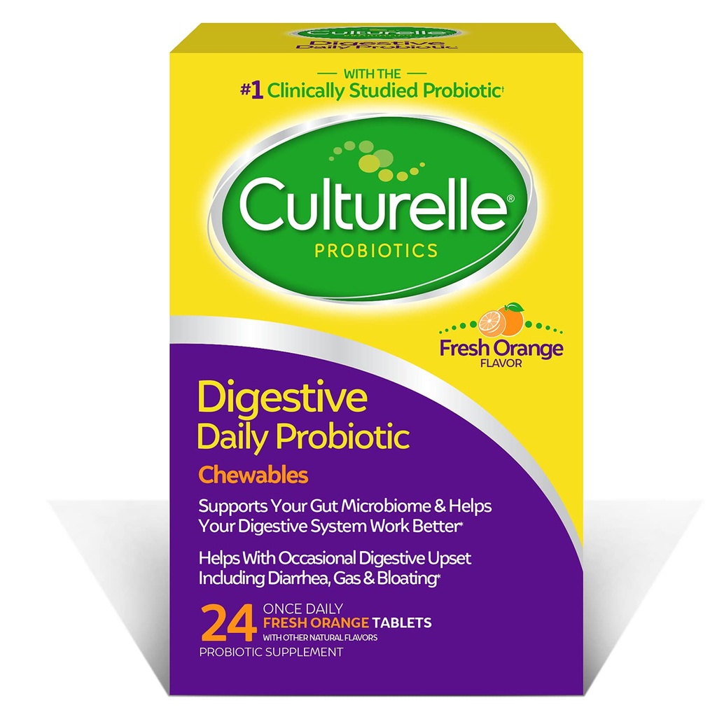 Culturelle Digestieve Gezondheid Dagelijkse Probiotische Kauwtabletten, Probiotica voor mannen en vrouwen, Meest klinisch bestudeerd Probiotische stam, 10 miljard CFUs, Ondersteunt Occasional diarree, Gas & Bloating, 24 Tellen