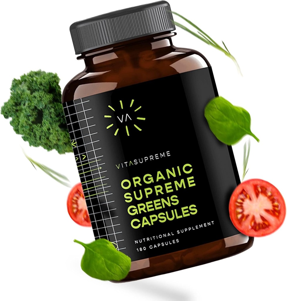 Organische Super Greens Superfood Capsule, Voedingssupplement voor Gut Health, Immune Support, Digestie, Energie, en Meer (Non-GMO, Keto, Vegan) 180 Capsules, 1 Pack