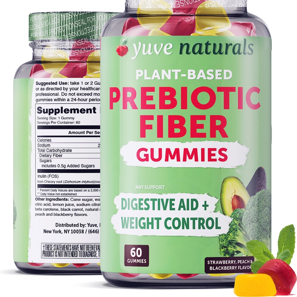 Gommies de fibre prébiotiques de jouvence - Delicious - Supplément de fibre soluble de 3g - Soutient la santé et la régularité digestives - Gommies de fibre végétalienne et sans gluten pour adultes et enfants - Non-OGM et faible sucre - Compte 60