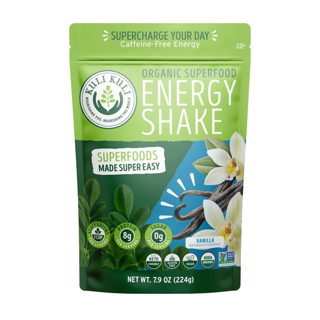 Kuli Kuli Bio Moringa Greens Smoothie Mix - Superfood Protein Smoothie Mix, Vanille, 7.9 Ounce Pouch, Vegan et sans gluten avec 8g de protéines de pois et 1 tasse de verts par portion