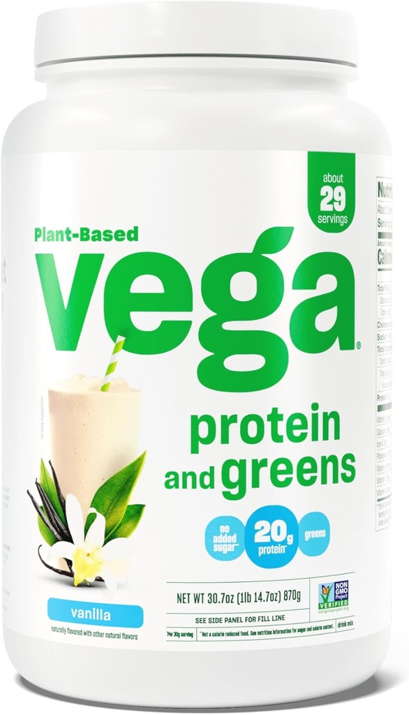 Vega Protein and Greens Protein Powder, Vanille - 20g Plant Based Protein Plus Veggies, Vegan, Non GMO, Pea Protein for Women and Men, 1.9lbs