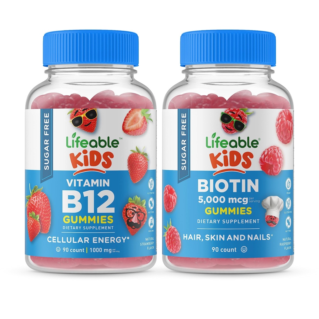 Levensbaar Suikervrij Vitamine B12 Kids + Preciotic Fiber Kids, Gummies Bundle - Grote Proeverij, Vitamine Supplement, Glutenvrij, GGO-vrij, Kauwgom