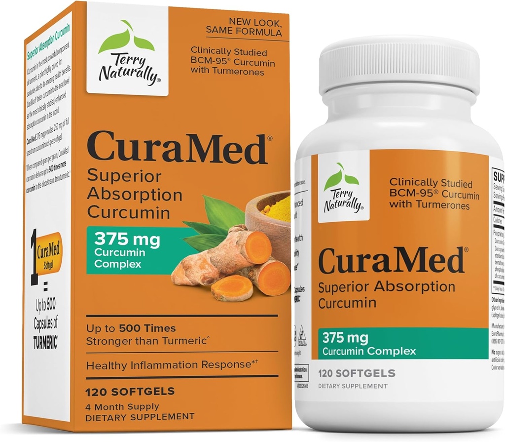 Terry Naturally CuraMed 375mg - Antioxidant Supplement voor Hersenen & Immune Health Support - Dieetsupplement met Curcumine & Turmeric Essential Oil - Herbal Lever Ondersteuning - 120 Softgels