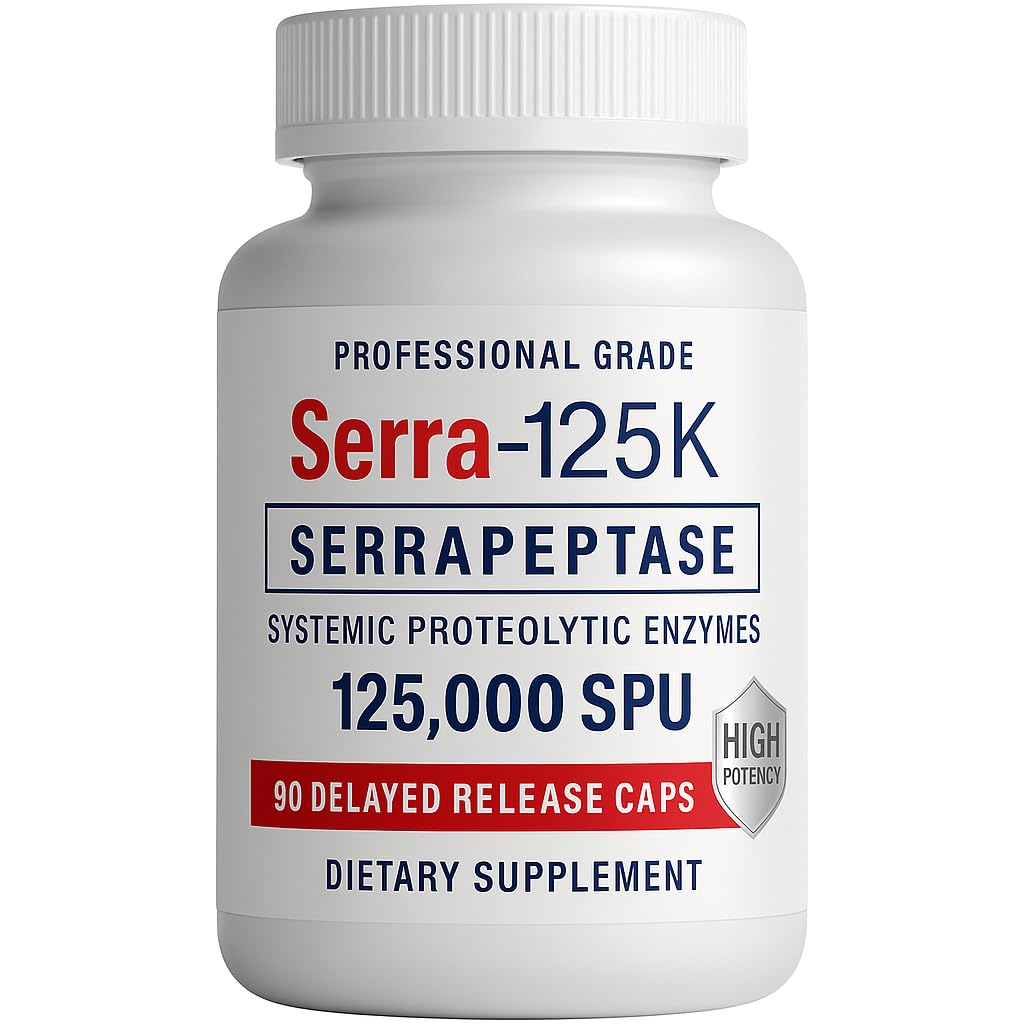 Serra-125k Extra sterkte Serrapeptase 125.000 SPU, 90 Vegan Capsules, Vertraagde Release, Systemische Enzymen, Ondersteunt Gezonde Sinusen en een Gezond Immune Systeem, Niet-GMO en All-Natural