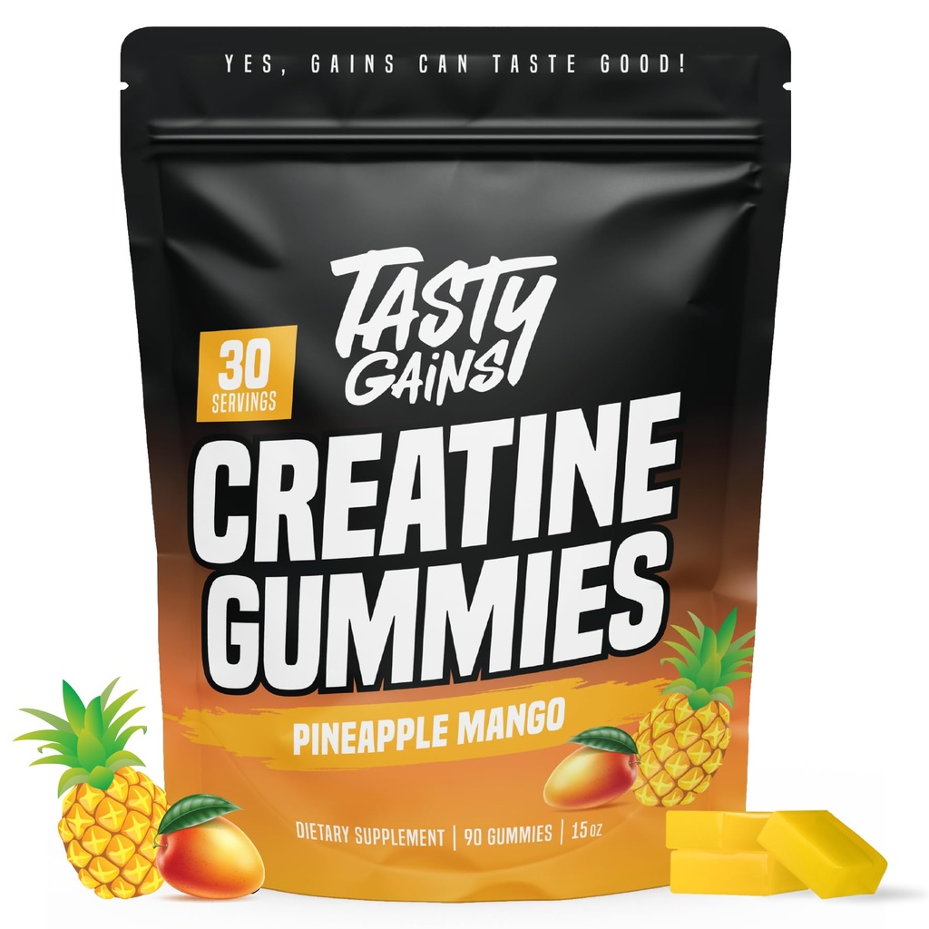 TASTY GAINS Creatine Gummies - 90g Creatine Monohydraat - Workout Supplementen - Build Muscle & Boost Strength for Men & Women - Made in USA - Non GMO - Vegan Friendly (Groot, Ananas Mango)