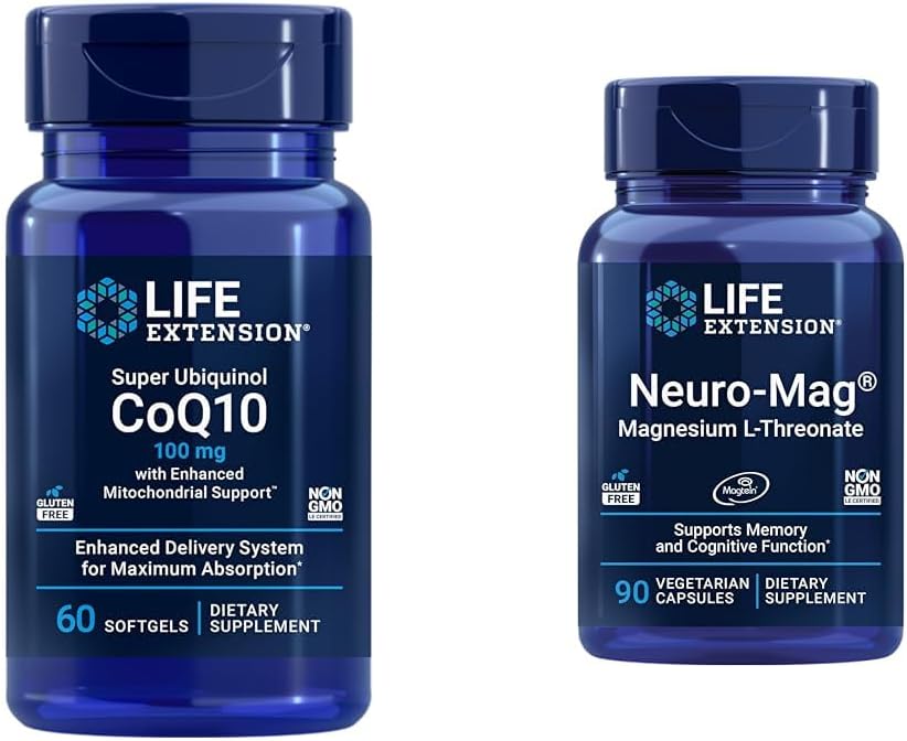 Life Extension Super Ubichinol CoQ10 met Enhanced Mitochondrial Support & Neuro-mag Magnesium L-threonaat, Magnesium L-threonaat