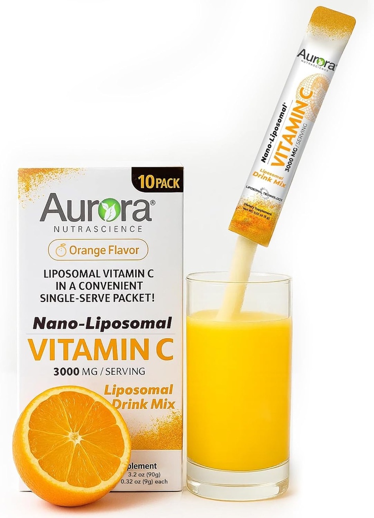 Aurora Nutrascience Nano-Pack Liposomale Vitamine C Poeder Drink Mix, Immuun Ondersteuning, Hoge sterkte 3000 mg Per Serving 10 Single Serve Packets, Oranje