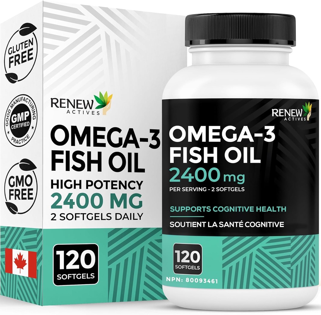Renew Actives Omega-3 Visolie 2400MG per 2 Softgels - 720MG EPA & DHA - Ondersteunt Hart, Hersenen, Eye Health, & triglyceride reductie - Geen Fishy Aftersmaak - Made in Canada - 120 Softgels