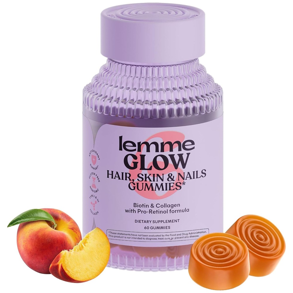 Lemme Glow Collageen Gummies for Thick Hair, Strong Nails & Healthy Skin with Multi-Collageen Peptiden, Biotin, Trace Minerals, Zink, Vitaminen A, C & E, Dairy & Gluten Free, Peach Flavor, 60 kt.